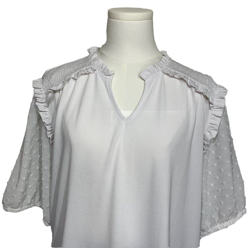 CeCe Blouse Womens XL White Swiss Dot Puff Sleeve Ruffle Smocked Mixed Media - Picture 2 of 6
